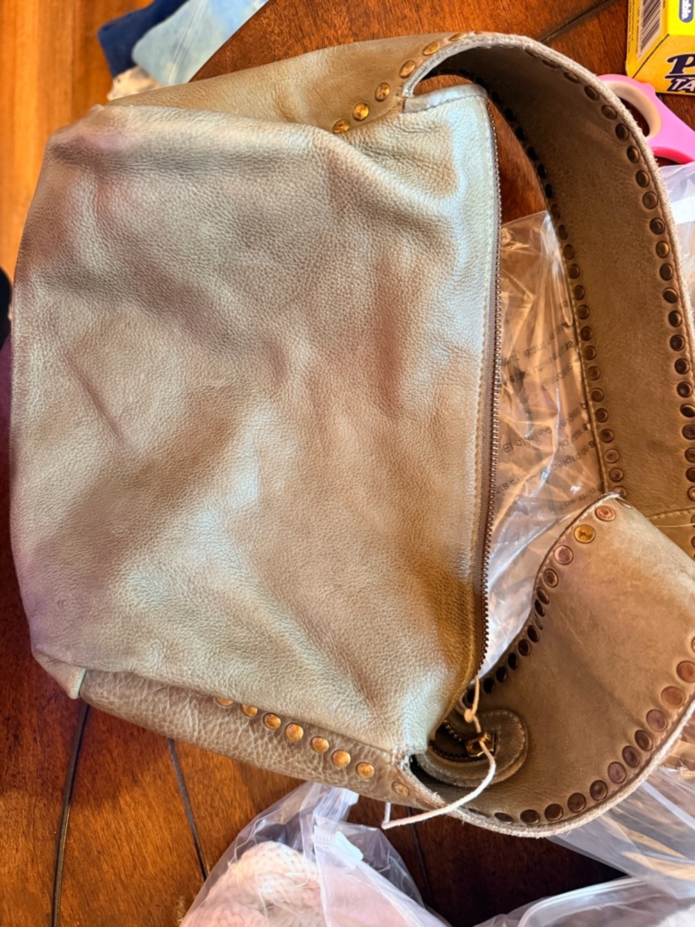 Stud-Trim Leather Hobo Shoulder Bag in Taupe